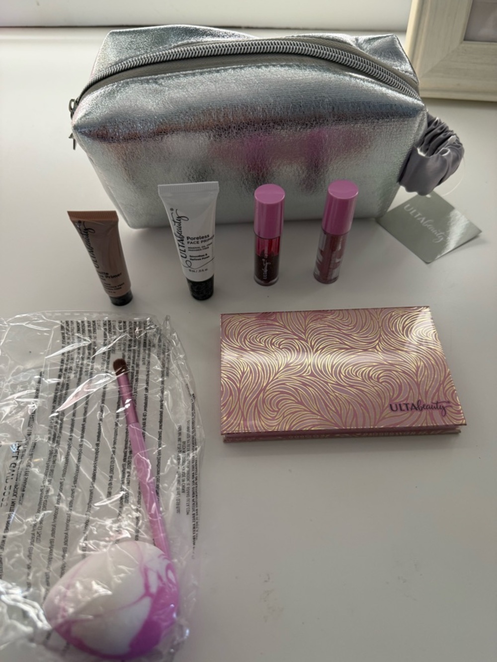 Ulta Beauty Silver Metallic Pouch with Pink Accent Makeup Kit